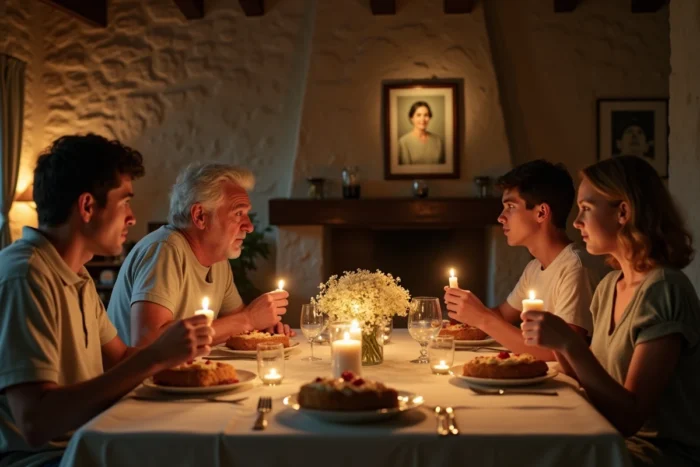 Famille réunie autour d'une table pour rendre hommage à une maman disparue avec des bougies et une photo encadrée