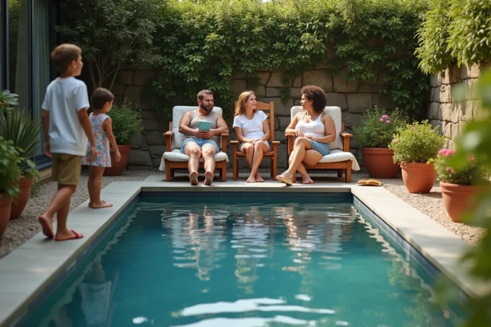 Famille profitant d'une piscine Desjoyaux compacte dans un jardin urbain avec terrasse en pierre