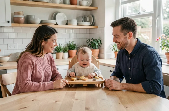 Couple de parents partageant un repas en famille avec leur bébé dans une cuisine conviviale et lumineuse