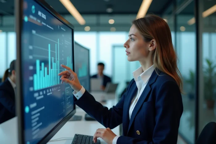 Femme professionnelle analysant des données de transactions électroniques B2B sur un grand écran incurvé dans un bureau moderne