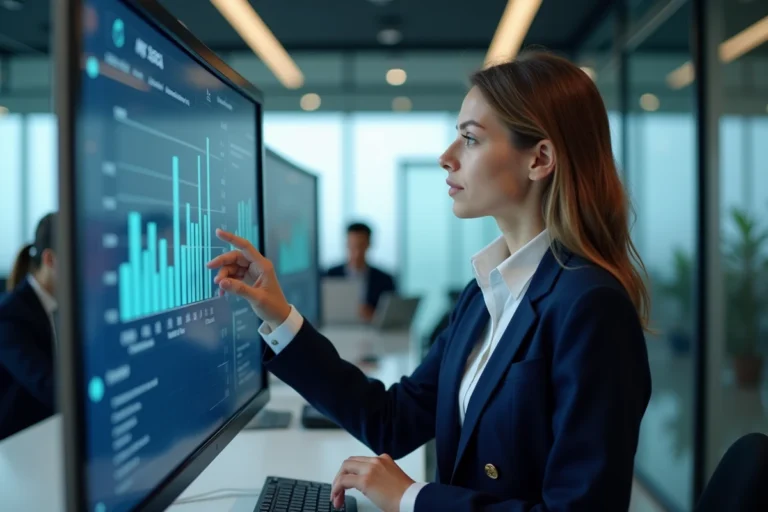 Femme professionnelle analysant des données de transactions électroniques B2B sur un grand écran incurvé dans un bureau moderne