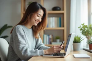 Femme utilisant une application de communication moderne sur son smartphone dans un bureau à domicile