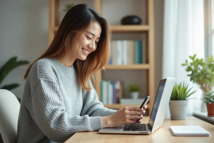 Femme utilisant une application de communication moderne sur son smartphone dans un bureau à domicile