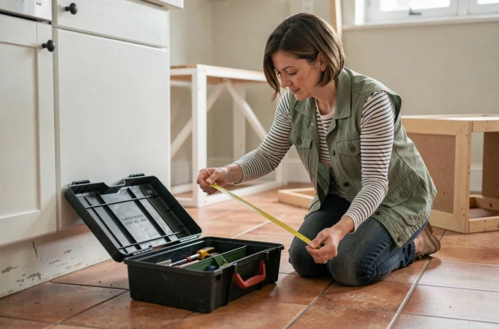 Femme bricolant dans une cuisine avec un mètre ruban et une boîte à outils ouverte sur le sol carrelé