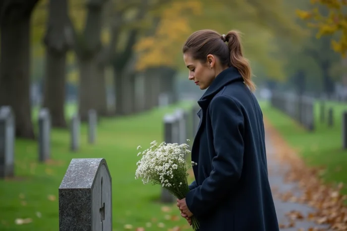 Femme déposant des fleurs blanches sur une tombe dans un cimetière en hommage à sa maman disparue