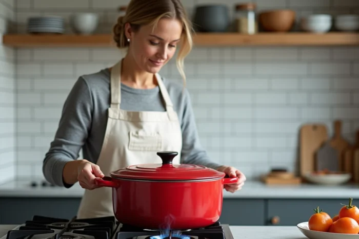 Femme soulevant le couvercle d'une cocotte en fonte rouge sur une cuisinière à gaz dans une cuisine moderne scandinave
