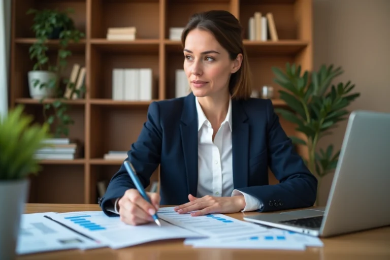 Femme comparant des offres d'assurance sur ordinateur portable avec des documents imprimés sur un bureau en bois