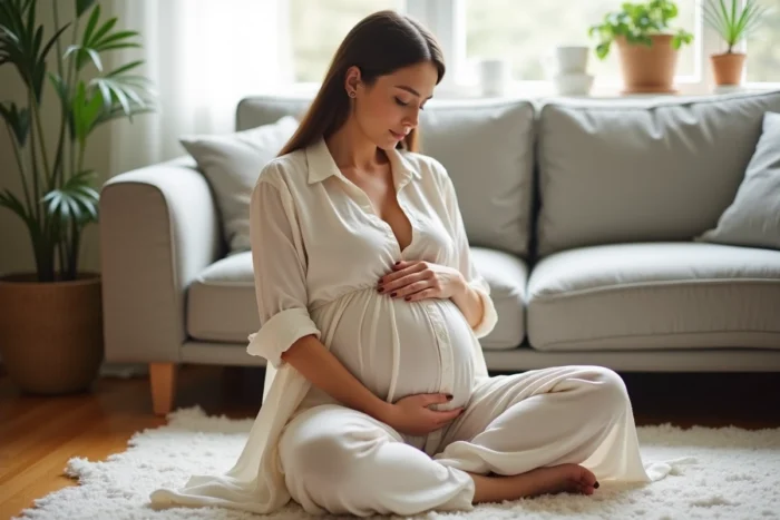 Femme enceinte au troisième trimestre assise par terre, les mains posées sur son ventre, ressentant les mouvements de son bébé