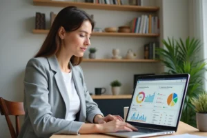 Femme entrepreneur travaillant sur un ordinateur portable dans un bureau moderne avec des ressources de business en ligne affichées à l'écran
