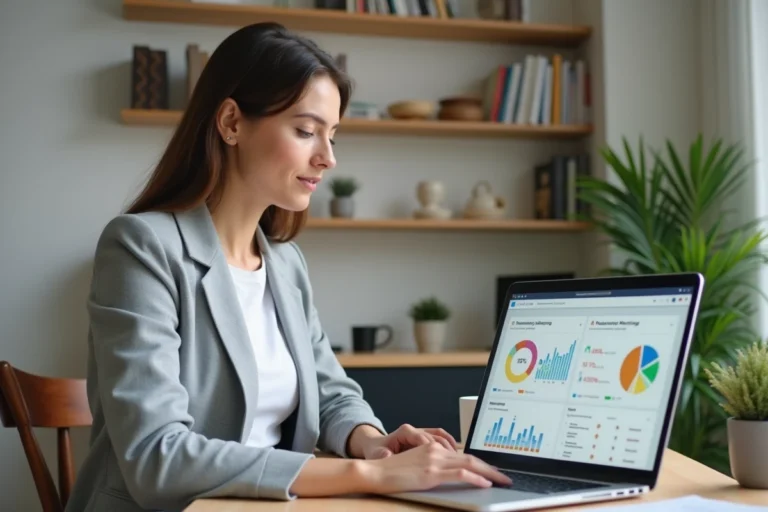 Femme entrepreneur travaillant sur un ordinateur portable dans un bureau moderne avec des ressources de business en ligne affichées à l'écran