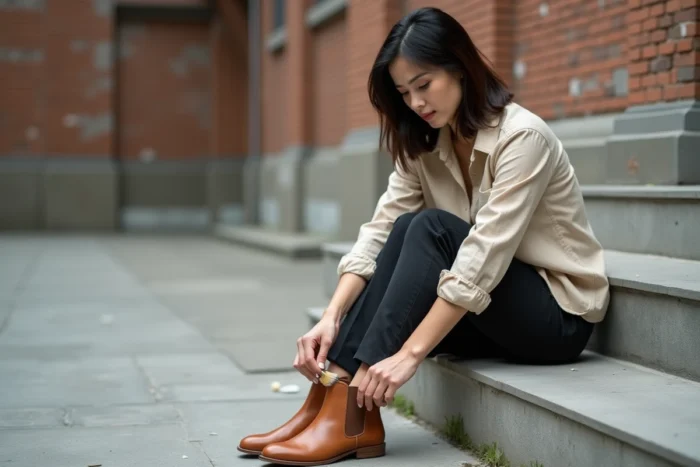 Femme appliquant de la cire sur des bottines en cuir caramel dans une cour urbaine, accessoires d'entretien de chaussures en action