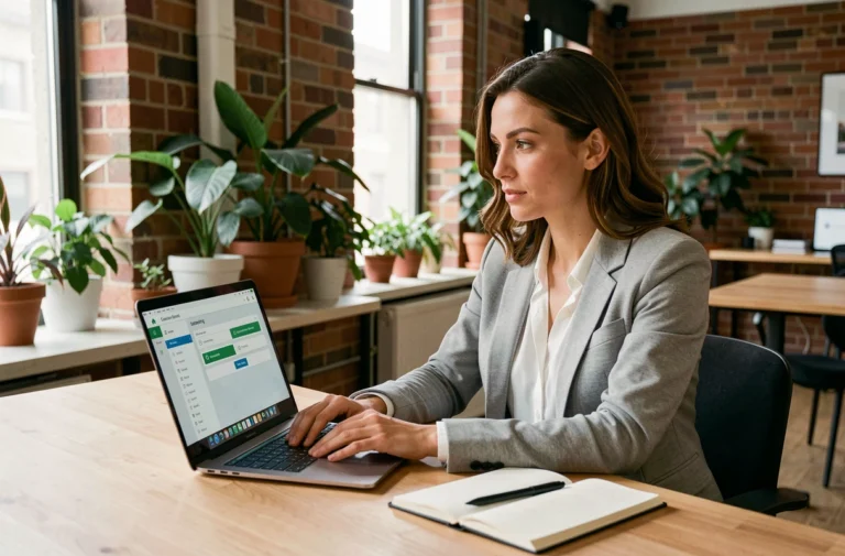 Femme utilisant une plateforme de services numériques Esceri sur un ordinateur portable dans un espace de coworking moderne