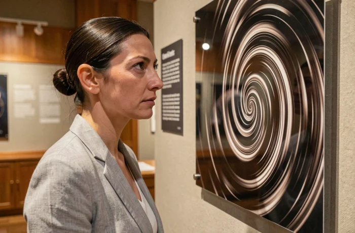 Donna che osserva da vicino un'illusione ottica a spirale in un museo delle scienze, affascinata dall'effetto di movimento visivo