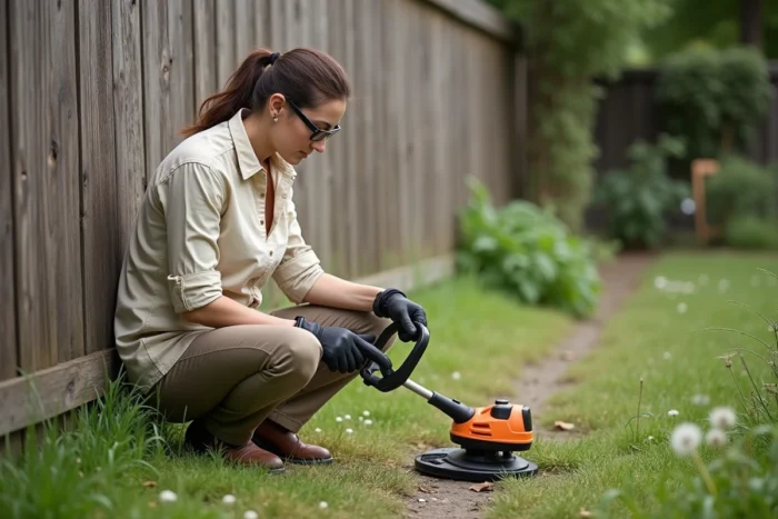 Femme inspectant un rotofil sans fil à batterie avant utilisation dans un jardin avec une clôture en bois et des mauvaises herbes