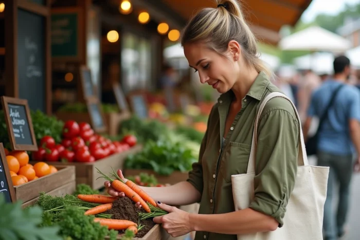 Femme choisissant des légumes bio locaux sur un marché de producteurs en plein air