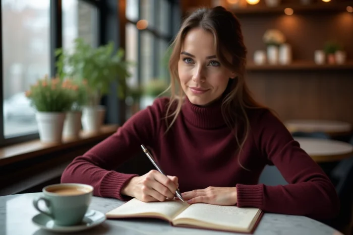 Femme écrivant un message d'amour sincère dans un journal intime dans un café cosy