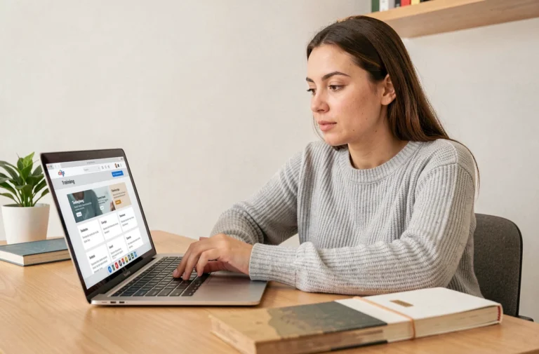 Femme consultant un catalogue de formations en ligne sur son ordinateur portable dans un bureau à domicile organisé