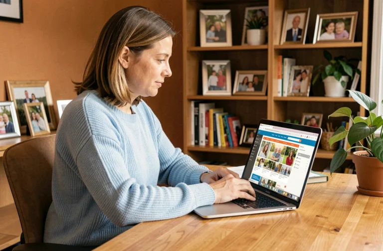 Femme naviguant sur le plan du site Happy Family depuis un bureau à domicile