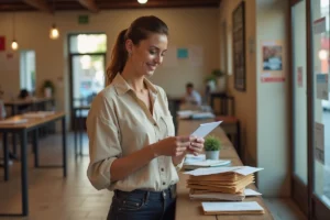 Femme récupérant son courrier en poste restante au guichet d'un bureau de poste français