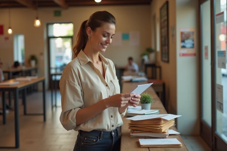 Femme récupérant son courrier en poste restante au guichet d'un bureau de poste français