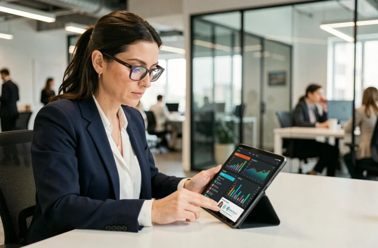 Femme professionnelle consultant des actualités numériques sur une tablette dans un espace de coworking moderne