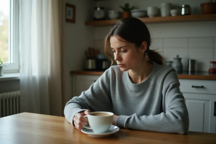 Femme songeuse assise seule à une table de cuisine, illustrant un changement de comportement et de repli sur soi