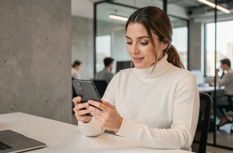 Femme explorant un smartphone pliable dans un bureau tech moderne en 2024