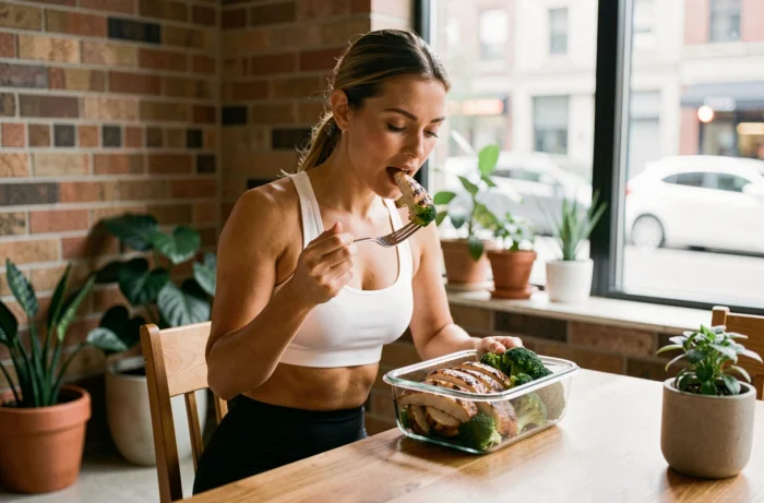 Mulher esportiva comendo uma refeição de musculação composta de frango e brócolis em um apartamento moderno