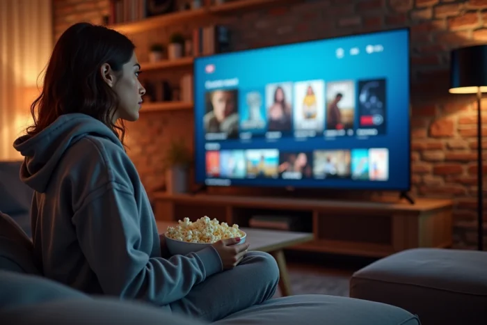 Jeune femme regardant un service de streaming sur grand écran dans un salon cosy avec du popcorn