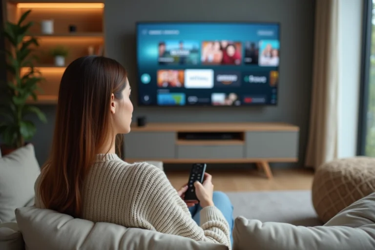 Femme utilisant une télécommande pour naviguer sur une interface de streaming sur grand écran dans un salon moderne