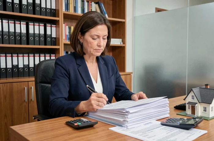 Femme consultant des documents immobiliers et frais de notaire dans un bureau professionnel