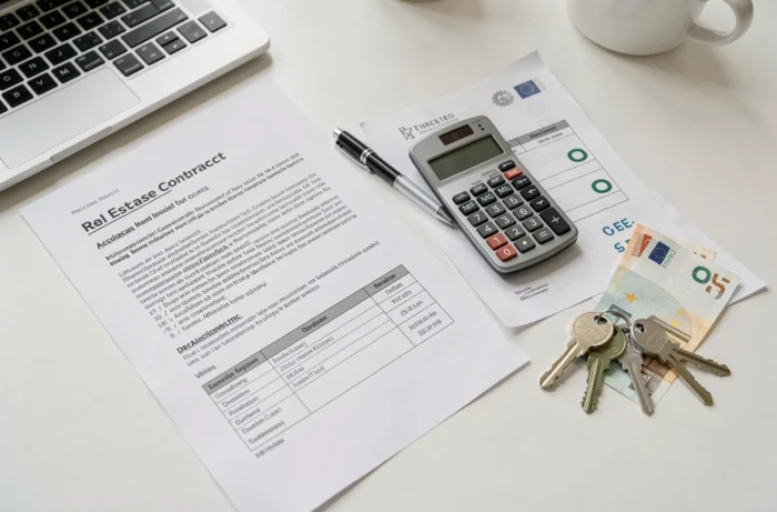 Vue aérienne d'un contrat immobilier, clés de maison, billets euros et calculatrice représentant les frais d'acquisition