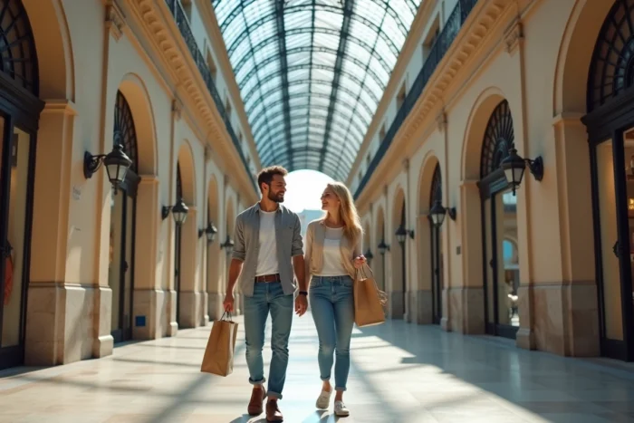Couple se promenant dans une galerie marchande couverte ouverte le dimanche à Marseille