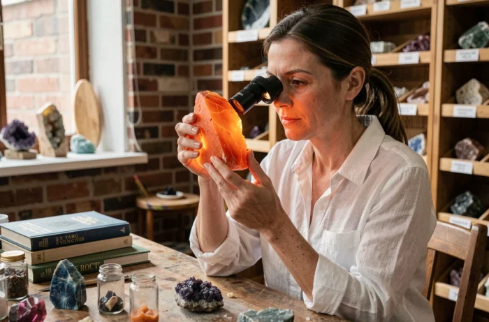 Gemmologue tenant une cornaline orange brute face à une loupe dans un atelier artisanal, entourée de spécimens minéraux et de livres de référence, portrait trois quarts en intérieur.