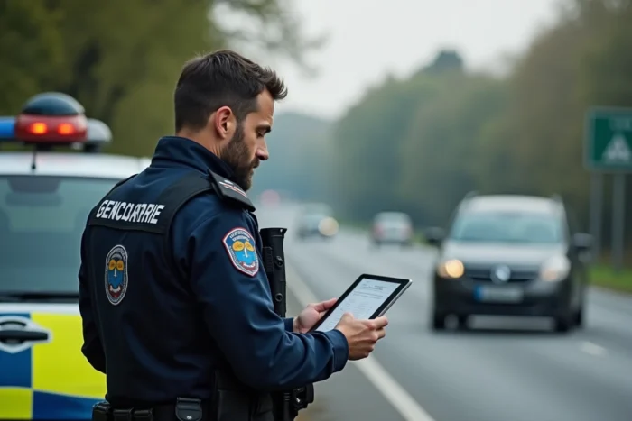 Gendarme français sur les lieux d'un accident de la route sur la rocade de Rennes
