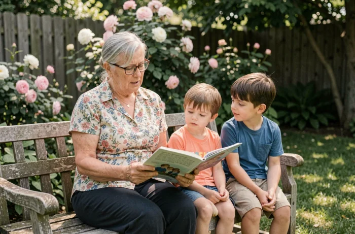 Grand-mère lisant un livre illustré à ses petits-enfants assis sur un banc dans un jardin verdoyant