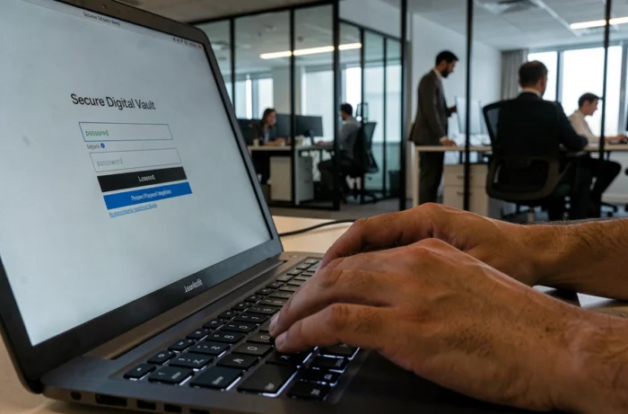 Gros plan sur des mains tapant des identifiants de connexion sur un coffre-fort numérique sécurisé en entreprise