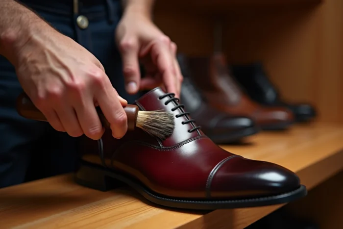 Gros plan sur des mains d'homme lustrant une chaussure en cuir bordeaux avec une brosse à polir, détail accessoire entretien chaussures