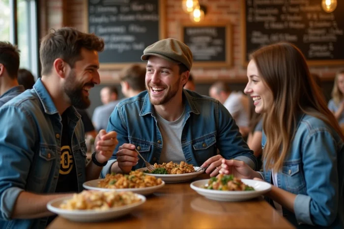 Groupe d'amis au bistrot, l'un portant une casquette, ambiance conviviale et décontractée autour d'un repas partagé