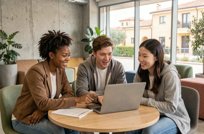 Groupe d'étudiants travaillant ensemble sur un projet universitaire dans un espace collaboratif du campus