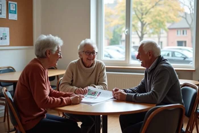 Groupe de seniors partageant des informations locales dans un centre communautaire, illustrant les services et actualités essentiels pour les personnes âgées en France
