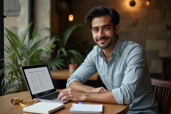 Homme consultant un tableau de conversion de tailles vestimentaires entre le Mexique et la France dans un café