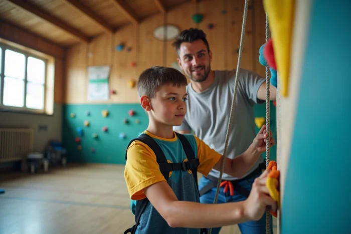 Jeune grimpeur en club encordé sur la SAE rénovée du gymnase de l'Épine, encadré par un moniteur en structure associative