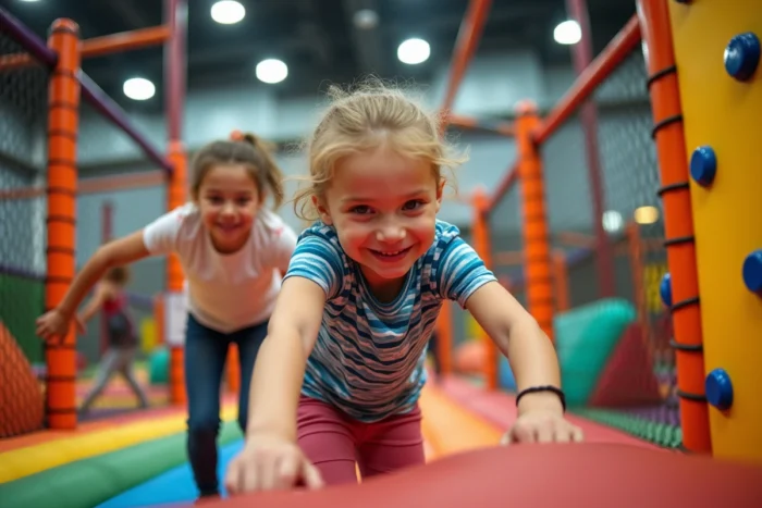 Deux jeunes enfants sur un parcours ludique coloré avec petits murs d'escalade chez Hapik à Neuville-en-Ferrain