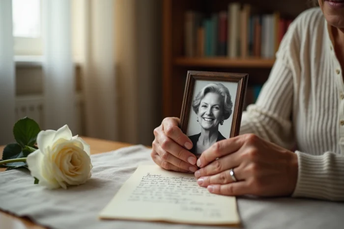 Mains d'une personne âgée tenant une photo encadrée d'une maman disparue posée sur une table en bois avec une rose blanche
