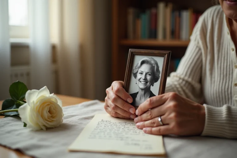 Mains d'une personne âgée tenant une photo encadrée d'une maman disparue posée sur une table en bois avec une rose blanche