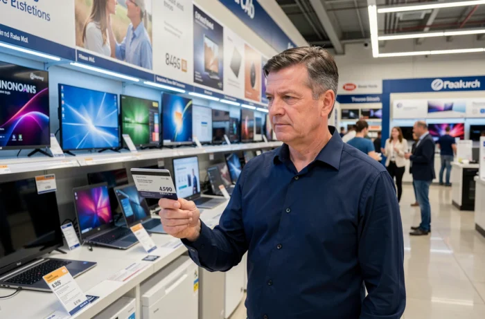 Homme face à un rayon d'électronique hésitant à acheter à crédit avec paiement fractionné en magasin