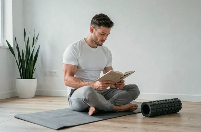 Homme en tenue sportive minimaliste assis sur un tapis de yoga dans un appartement moderne, lifestyle bien-être masculin