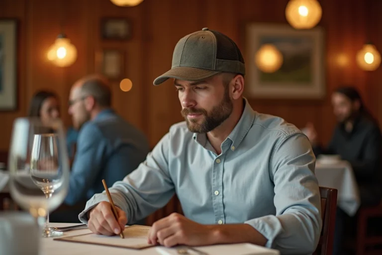 Homme portant une casquette snapback au restaurant, consulter un menu, ambiance décontractée et chaleureuse