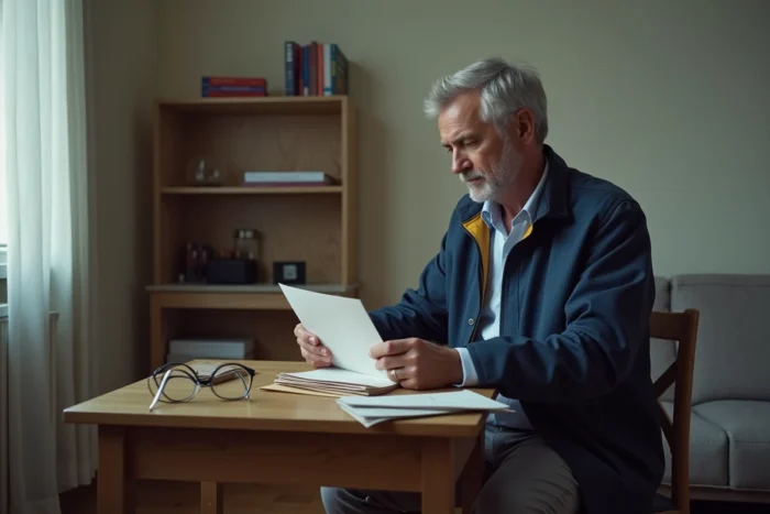 Homme ouvrant son courrier reçu sans adresse fixe dans un appartement minimaliste